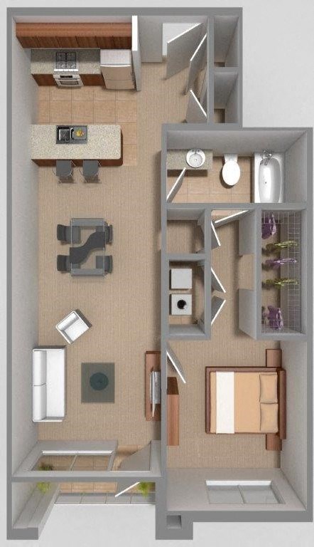 Floor plan for 1 bed, 1 bath, 791 sqft